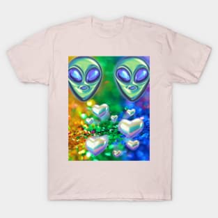 aliens and hearts surrounded by rainbow glitter T-Shirt